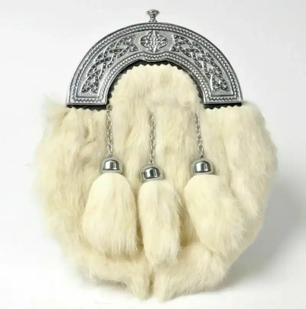 Chrome Plain Cantle Full Dress Celtic Sporran Off-White Rabbit Fur Cap Tassels