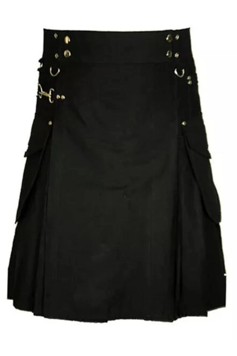 Black Cotton Utility Kilt with Chrome Hooks