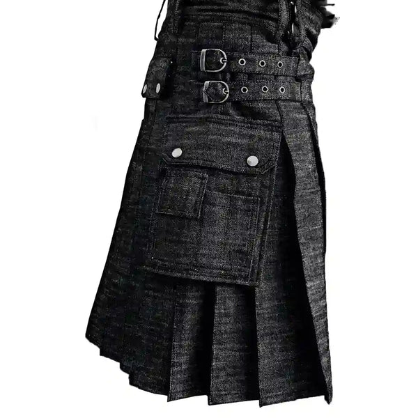 Black Denim Utility Kilt for Men
