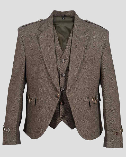 Brown Scottish Tweed Argyle Kilt Jacket With 5 Button Vest