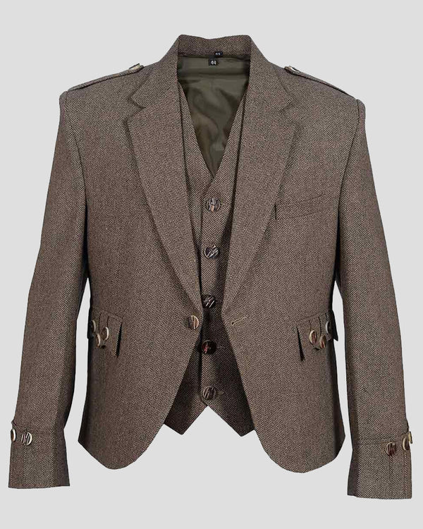 Brown Scottish Tweed Argyle Kilt Jacket With 5 Button Vest