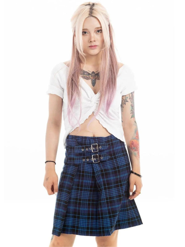 Dual-Buckle Plaid Mini Skirt