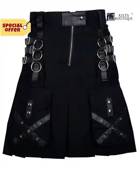 Utility Black Cotton Gothic Kilt Cargo Pockets Modern Gothic Fashion Kilt Active Men