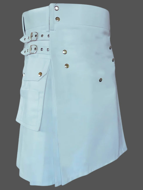 Mens White Cotton Utility Kilt