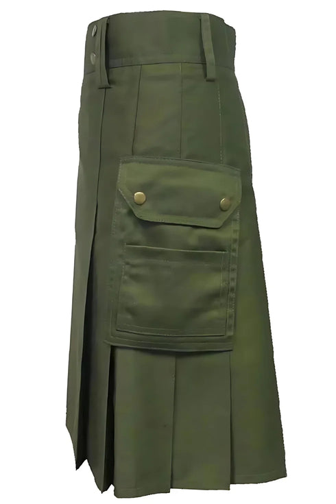 Olive Green Cotton Utility Kilt for Men