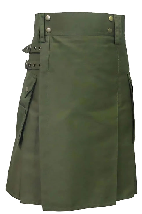 Olive Green Cotton Utility Kilt for Men