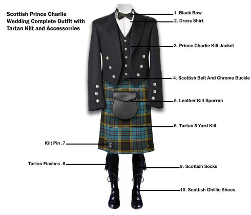 Traditional 5 Yard Kilt 10 Pcs Scottish Men Prince Charlie Kilt Jacket Outfit