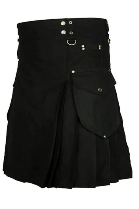 Black Cotton Utility Kilt with Chrome Hooks