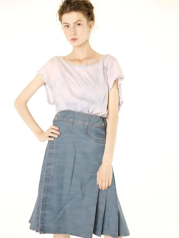 Denim Pleated Midi Skirt