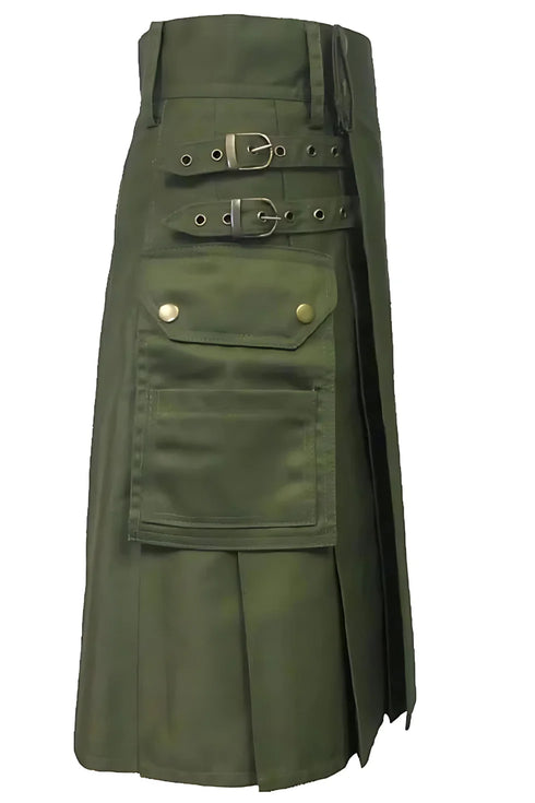Olive Green Cotton Utility Kilt for Men