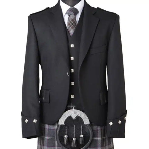 Scottish Argyle Black Kilt Jacket & Waistcoat – Premium Serge Wool Highland Wear
