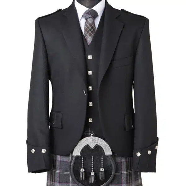 Scottish Argyle Black Kilt Jacket & Waistcoat – Premium Serge Wool Highland Wear