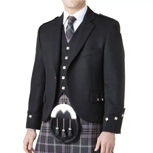 Scottish Argyle Black Kilt Jacket & Waistcoat – Premium Serge Wool Highland Wear