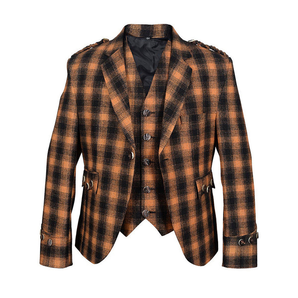 Black and Orange Pure Wool Argyll Jacket With Waistcoat / Vest