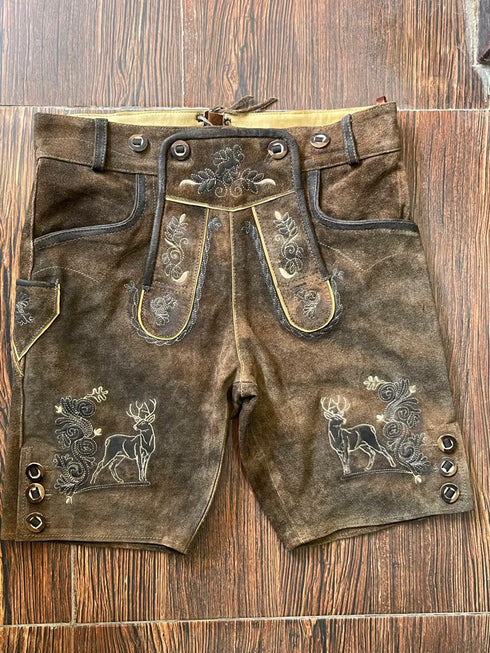 Traditional Bavarian Lederhosen Genuine German Oktoberfest Attire for Men Real Leather Trachten Shorts | Short Brown Trachten Lederhosen
