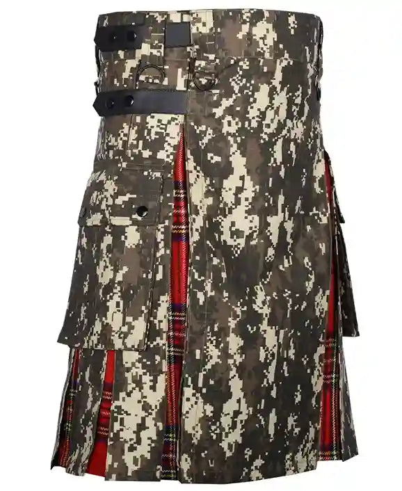 Military Grade Digital Camo Hybrid Kilt - Royal Stewart Tartan Under Pleats