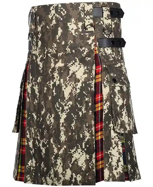 Military Grade Digital Camo Hybrid Kilt - Buchanan Tartan Under Pleats
