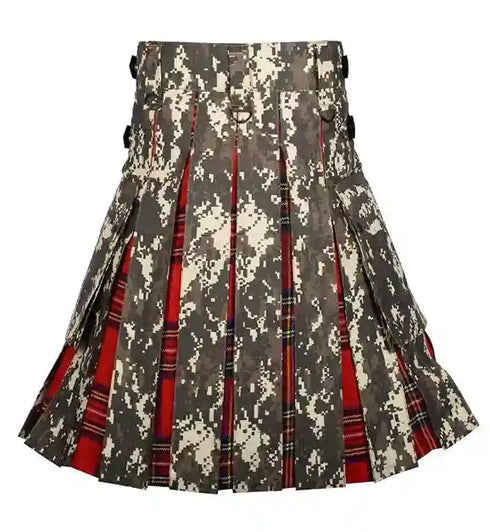 Military Grade Digital Camo Hybrid Kilt - Royal Stewart Tartan Under Pleats