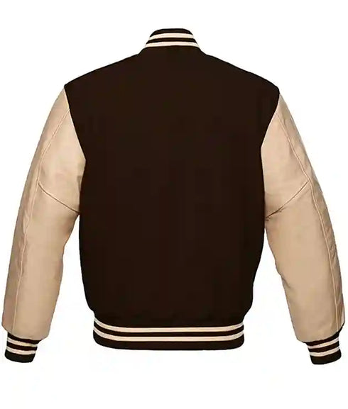 Varsity Letterman Baseball Body Brown Wool & 100% Cream Color Leather Sleeves Jacket Sizes in Men/Women/Kids