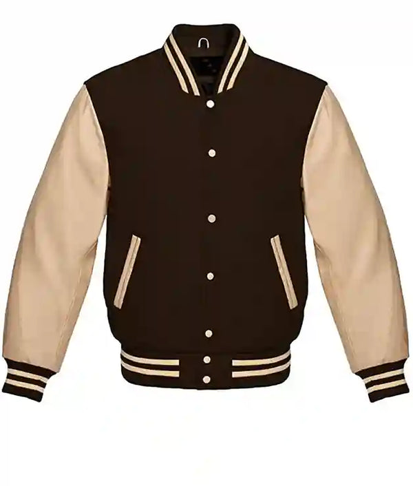 Varsity Letterman Baseball Body Brown Wool & 100% Cream Color Leather Sleeves Jacket Sizes in Men/Women/Kids