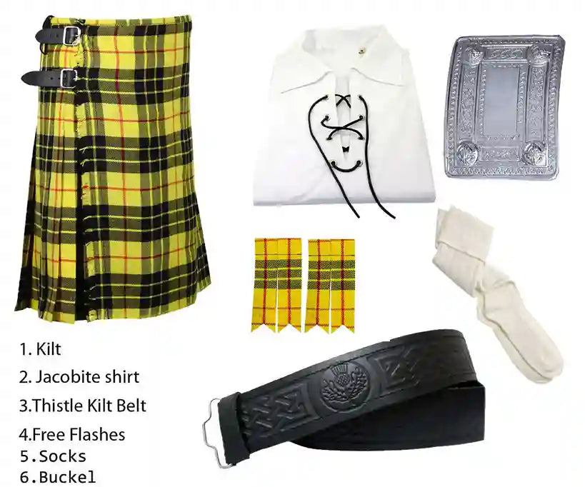 Scottish Macleod of Lewis Tartan Kilt With Jacobite Shirt Outfit Package of 6 (Six) Pieces