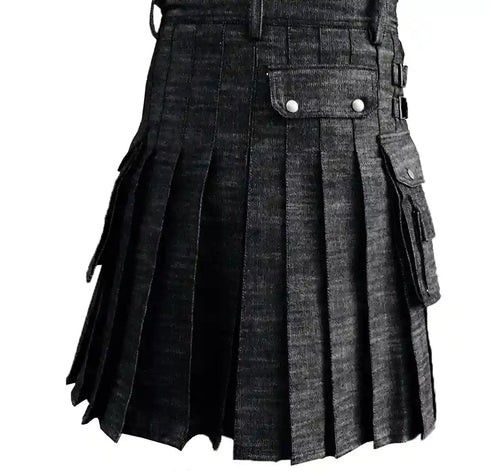 Black Denim Utility Kilt for Men
