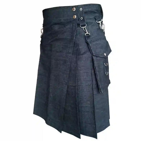 Blue Detachable Pocket Denim Utility Kilt