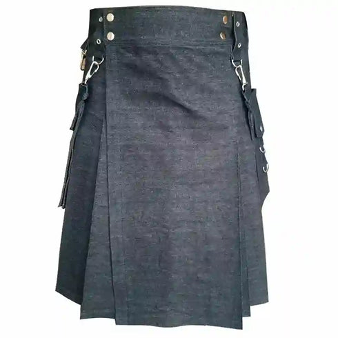 Blue Detachable Pocket Denim Utility Kilt