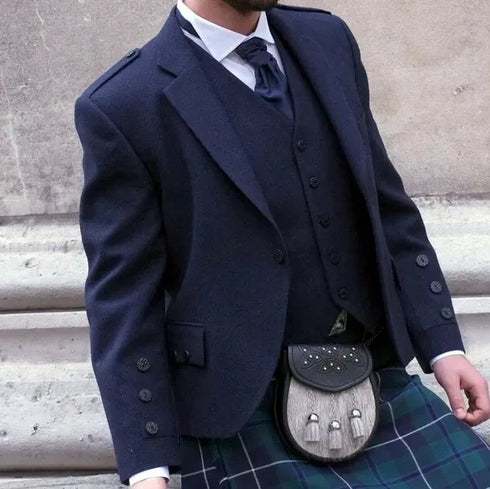 Navy Blue Tweed Kilt Jacket and Waistcoat