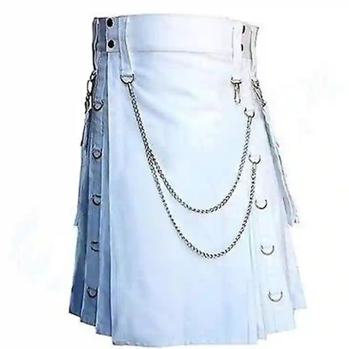 White Gothic Kilt Detachable Pockets Modern Gothic Fashion Kilt Active Men