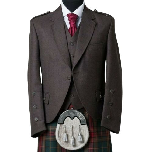 Men Brown Wool Scottish Kilt Jacket with Waistcoat