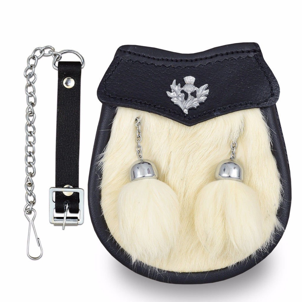 Semi Dress White Rabbit Thistle Kilt Sporran with White Tassels Free Chain Belt