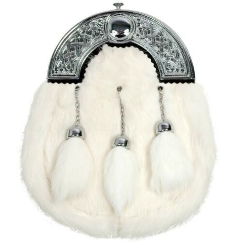 Chrome Plain Cantle Full Dress Celtic Sporran White Rabbit Fur Cap Tassels - Kilt Box Shop