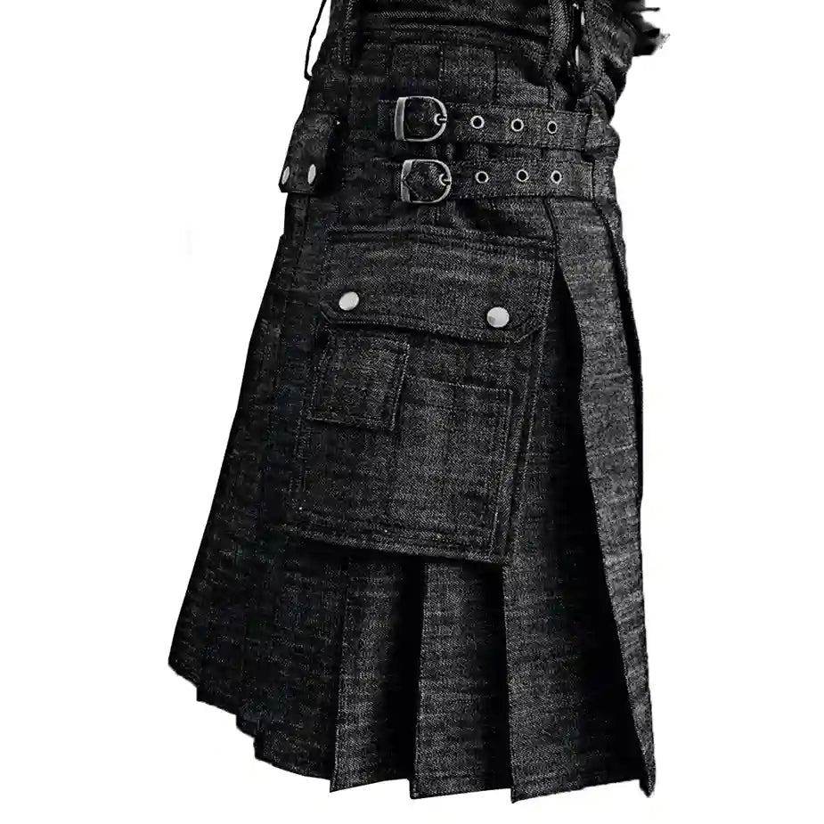 McWilliams Black Deluxe Active Men's Modern Utility Kilt - 100% Cotton, Cargo Pockets, Dual Buckle, Sizes 30-50 Inch (38, Black)