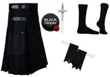 Black Friday Scottish Men Black Utility Kilt Leather Straps Fashion Active Sport Kilt Set