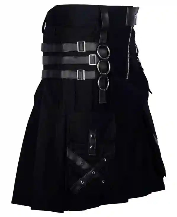Utility Black Cotton Gothic Kilt Cargo Pockets Modern Gothic Fashion Kilt Active Men