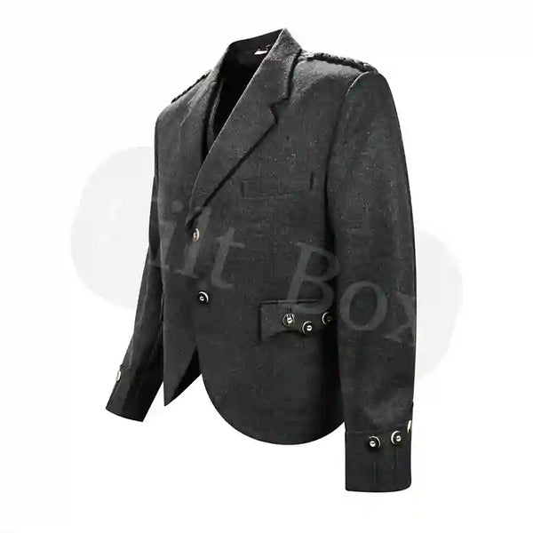 Customise Argyle Kilt Jacket & Waistcoat/Vest, Scottish Argyle Jacket Charcoal Pure Wool Made to Measure