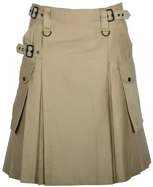 Scottish Men's Cotton Utility Kilt with Pockets in Khaki