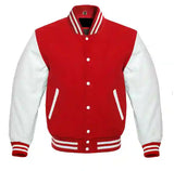 New Varsity Letterman Baseball Body Wool & 100% White Color Leather Sleeves Jacket Sizes in Men/Women/Kids