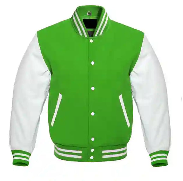 New Varsity Letterman Baseball Body Wool & 100% White Color Leather Sleeves Jacket Sizes in Men/Women/Kids