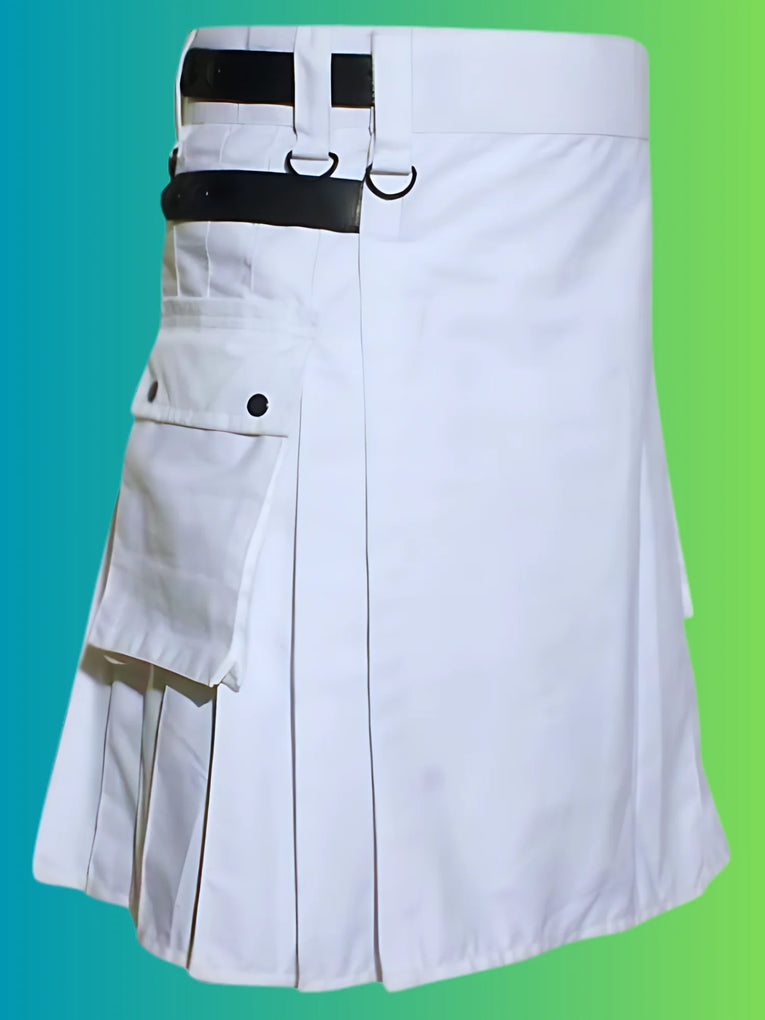 White Utility Kilt with Leather Straps