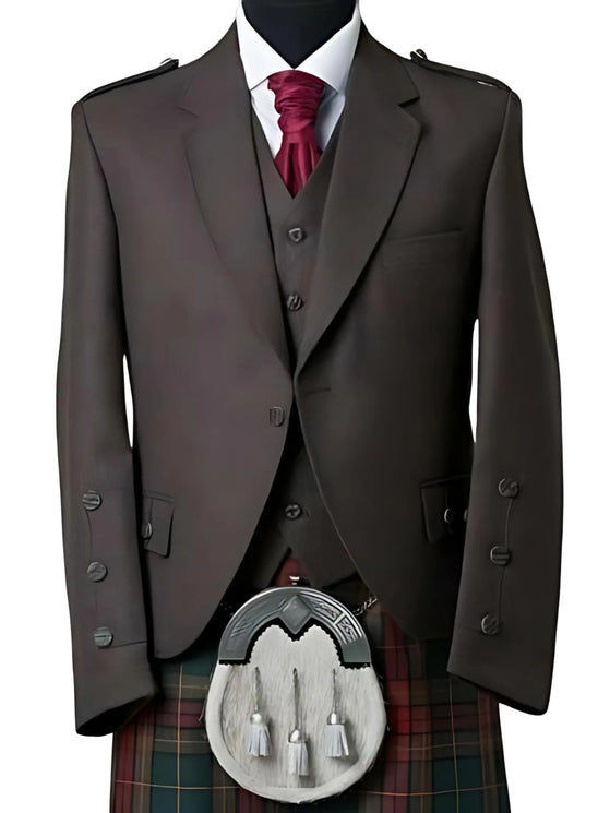 Brown Wool Scottish Kilt Jacket and Waistcoat