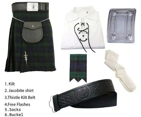 Scottish Royal Stewart Tartan Kilt With Jacobite Shirt Outfit Package of 6 (Six) Pieces