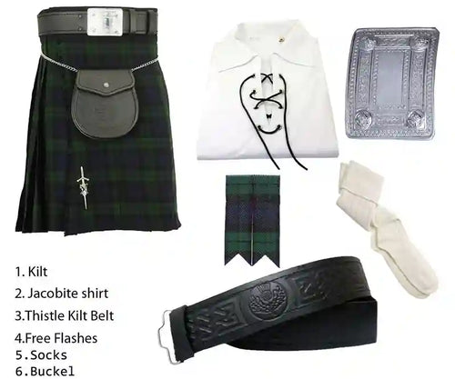 Black Watch Scottish Tartan Kilt With Jacobite Shirt Outfit Package of 6 (Six) Pieces