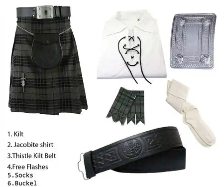 Scottish National Scottish Tartan Kilt With Jacobite Shirt Outfit Package of 6 (Six) Pieces