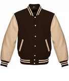 Varsity Letterman Baseball Body Brown Wool & 100% Cream Color Leather Sleeves Jacket Sizes in Men/Women/Kids