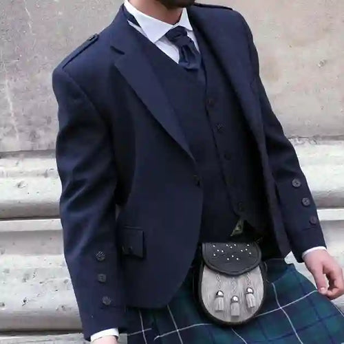 Navy Blue Wool Kilt Jacket With Waistcoat Scottish Argyle Wedding Kilt Jacket - Made to order