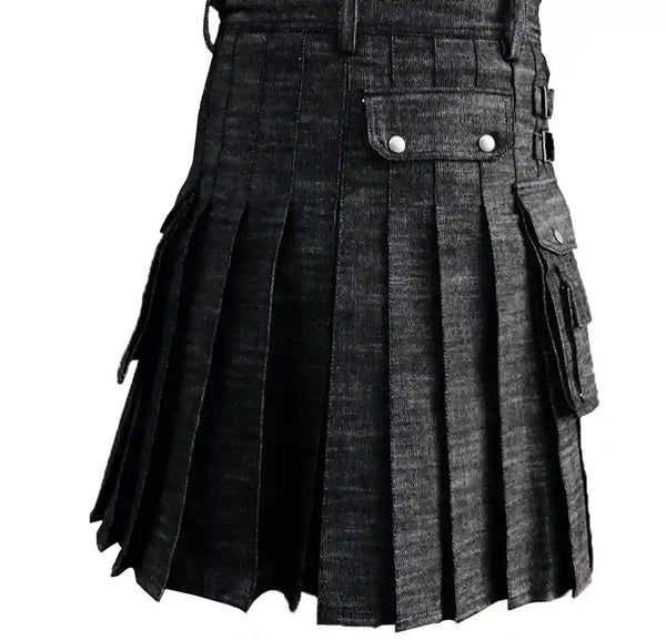 Black Denim Utility Kilt Flap Pockets Pleats deep sewn Double Stitching