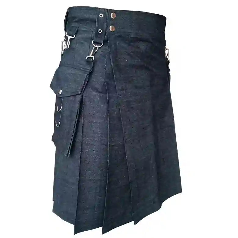 Blue store denim detachable pocket kilt,utility fashion kilt for men..