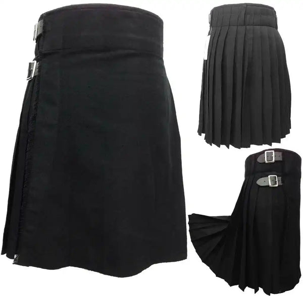 Solid Black Tartan Kilt || 8 Yard Handmade 16oz Traditional Heavy Weight Kilt - Custom Made